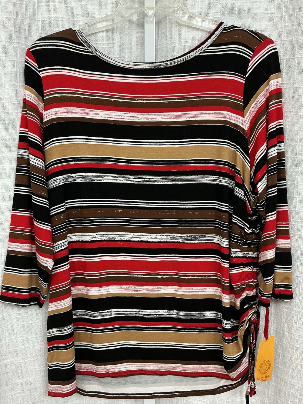 Ruby Rd. Striped Red Black and Tan Long Sleeve Ruched Side Top